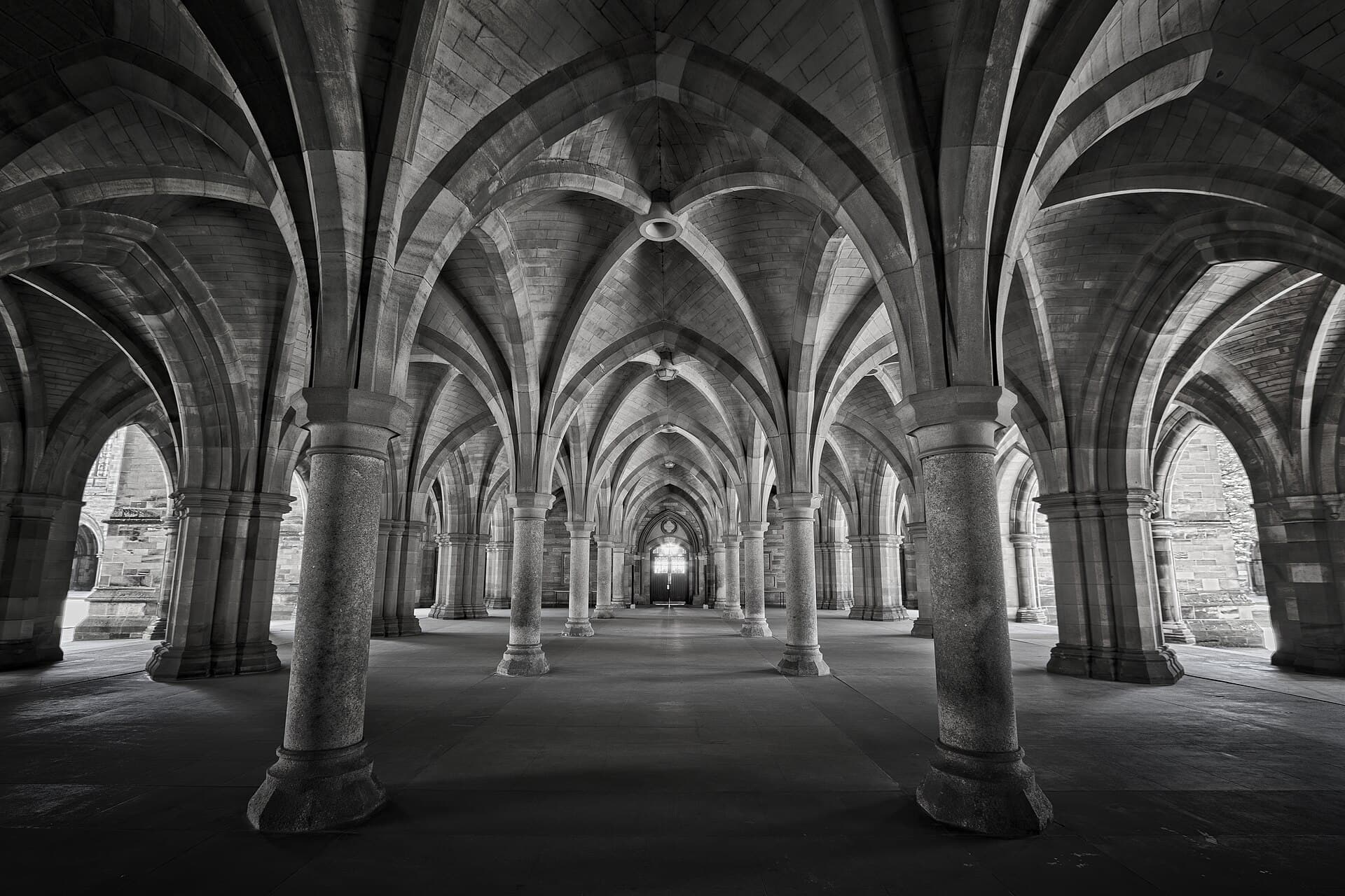 The vaulted cloisters beneath the Gilbert Scott Building at the University of Glasgow