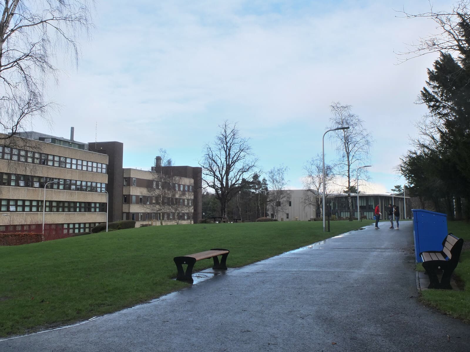 The path and lawn between the buildings on Heriot-Watt University's Riccarton campus
