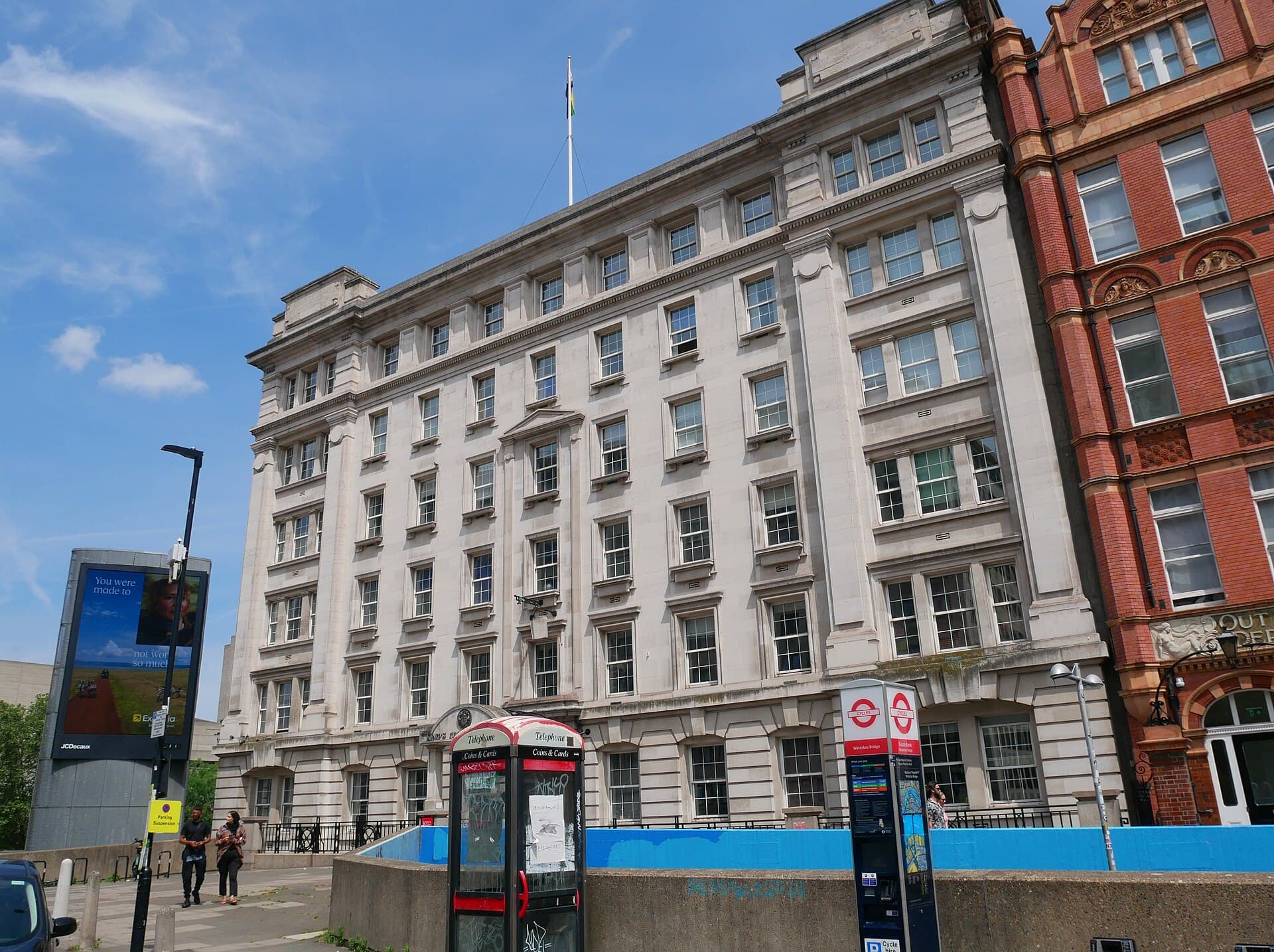 The Portland stone frontage of King's College London's Franklin-Wilkins Building at Waterloo