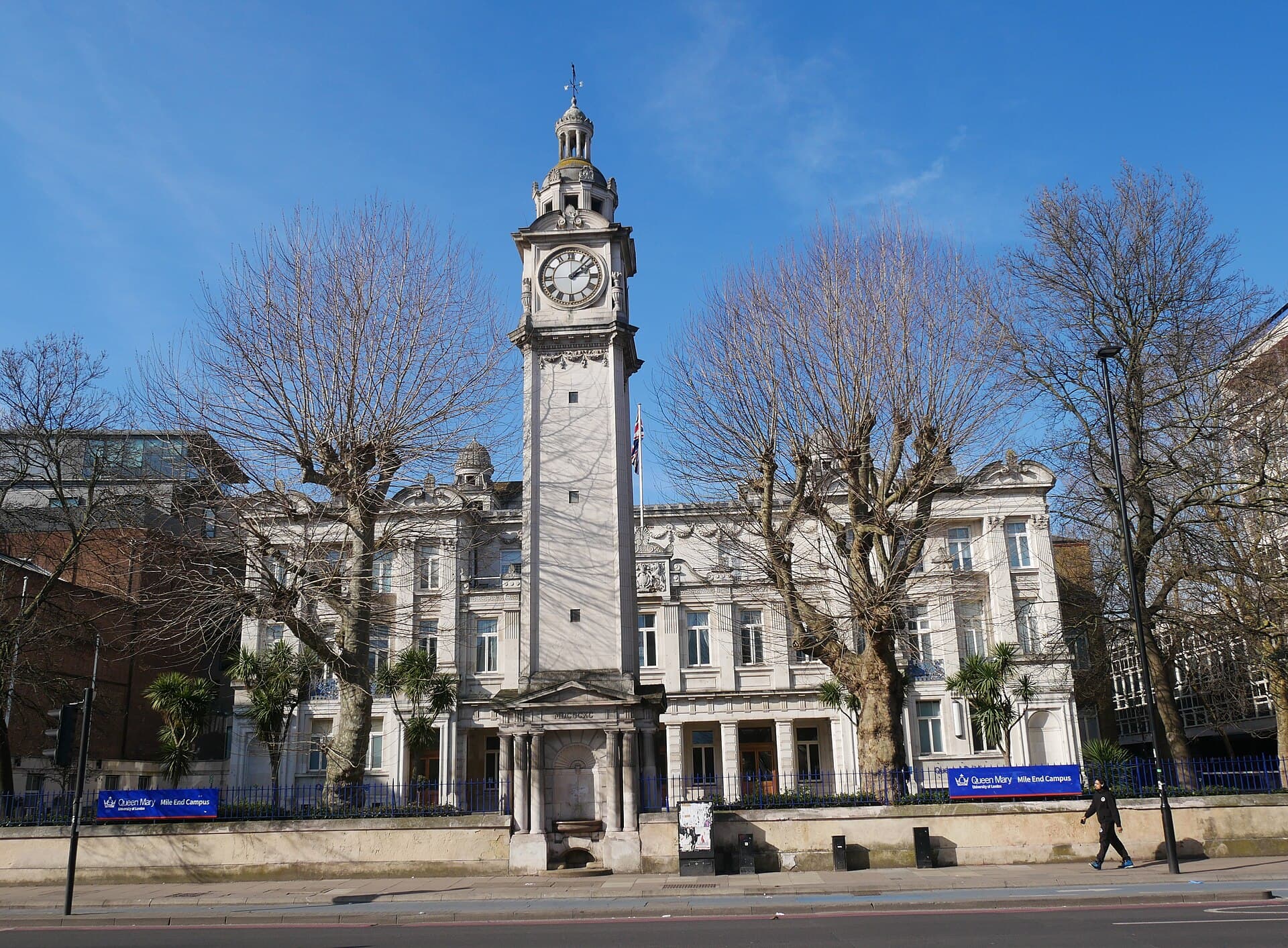 The Queens' Building and its clocktower on Mile End Road at Queen Mary's Mile End campus