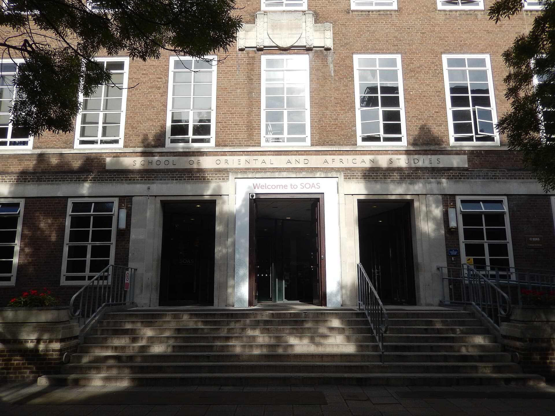 The entrance to the main building on SOAS's Russell Square campus, with its carved name across the façade