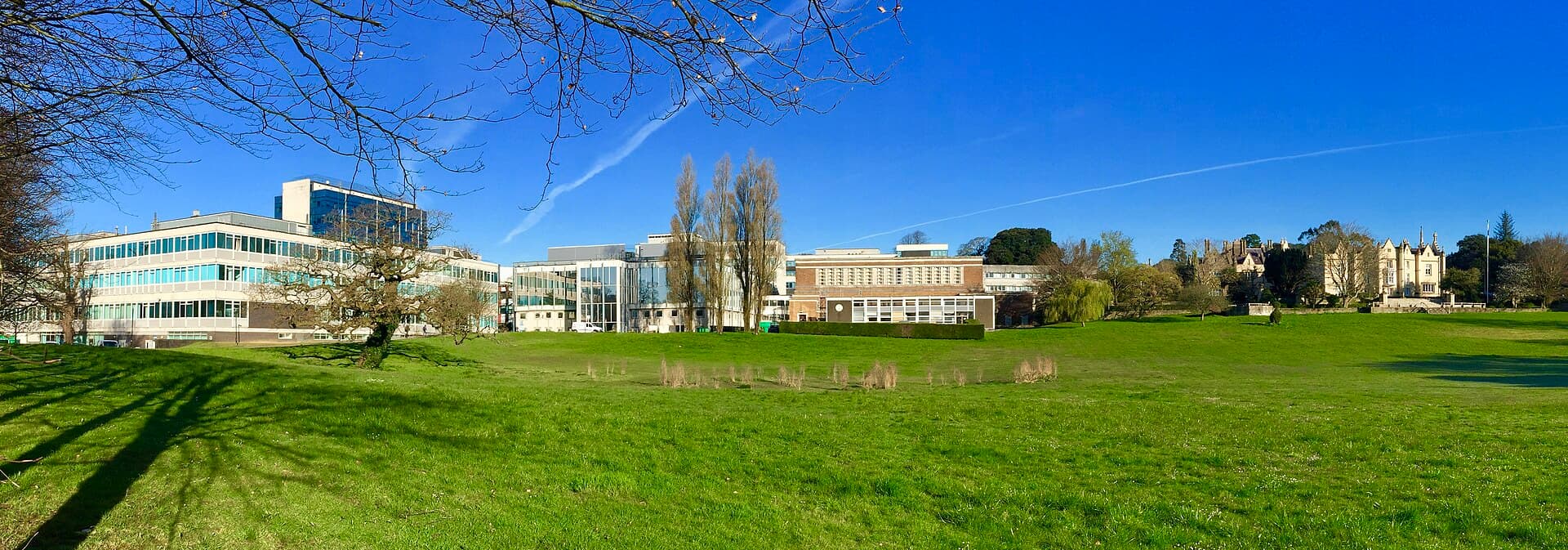 Swansea University's Singleton Park campus, seen in panorama from across the lawn