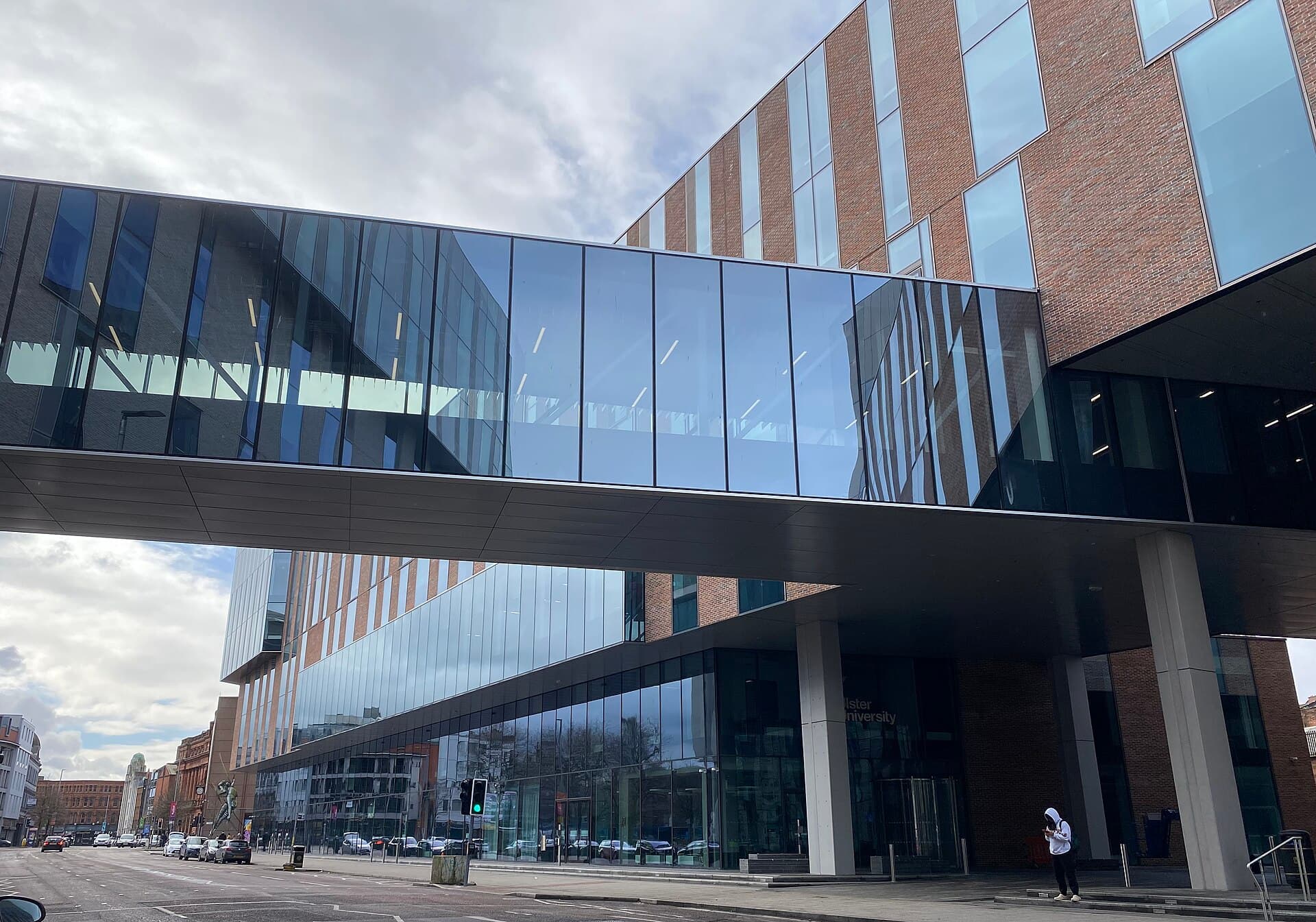 Ulster University's Belfast campus: the glazed bridge crossing York Street above the main entrance