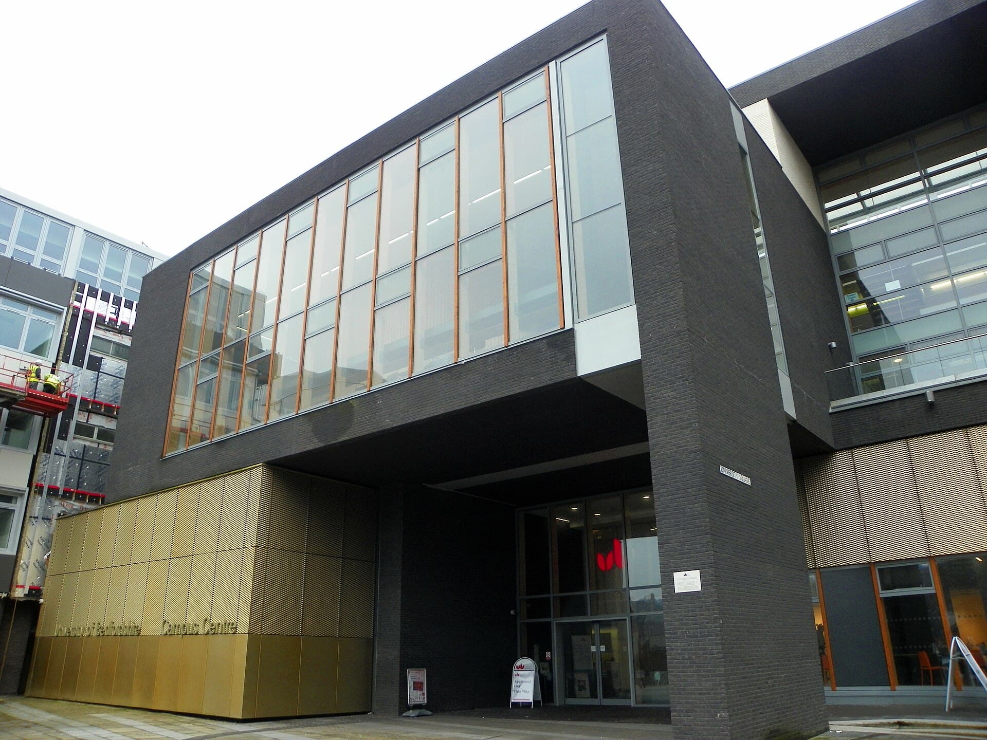 The University of Bedfordshire's Campus Centre in Luton, with its gold-panelled entrance frontage