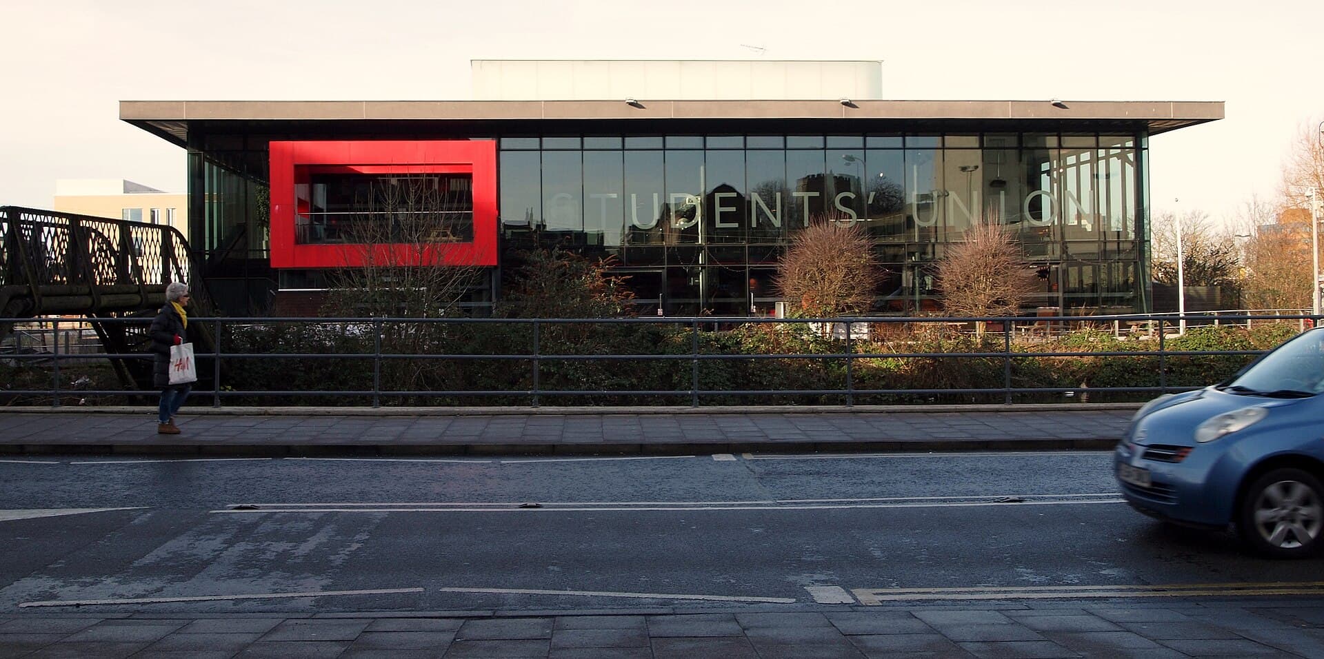 The students' union building on the University of Lincoln's Brayford campus, with its red frontage block