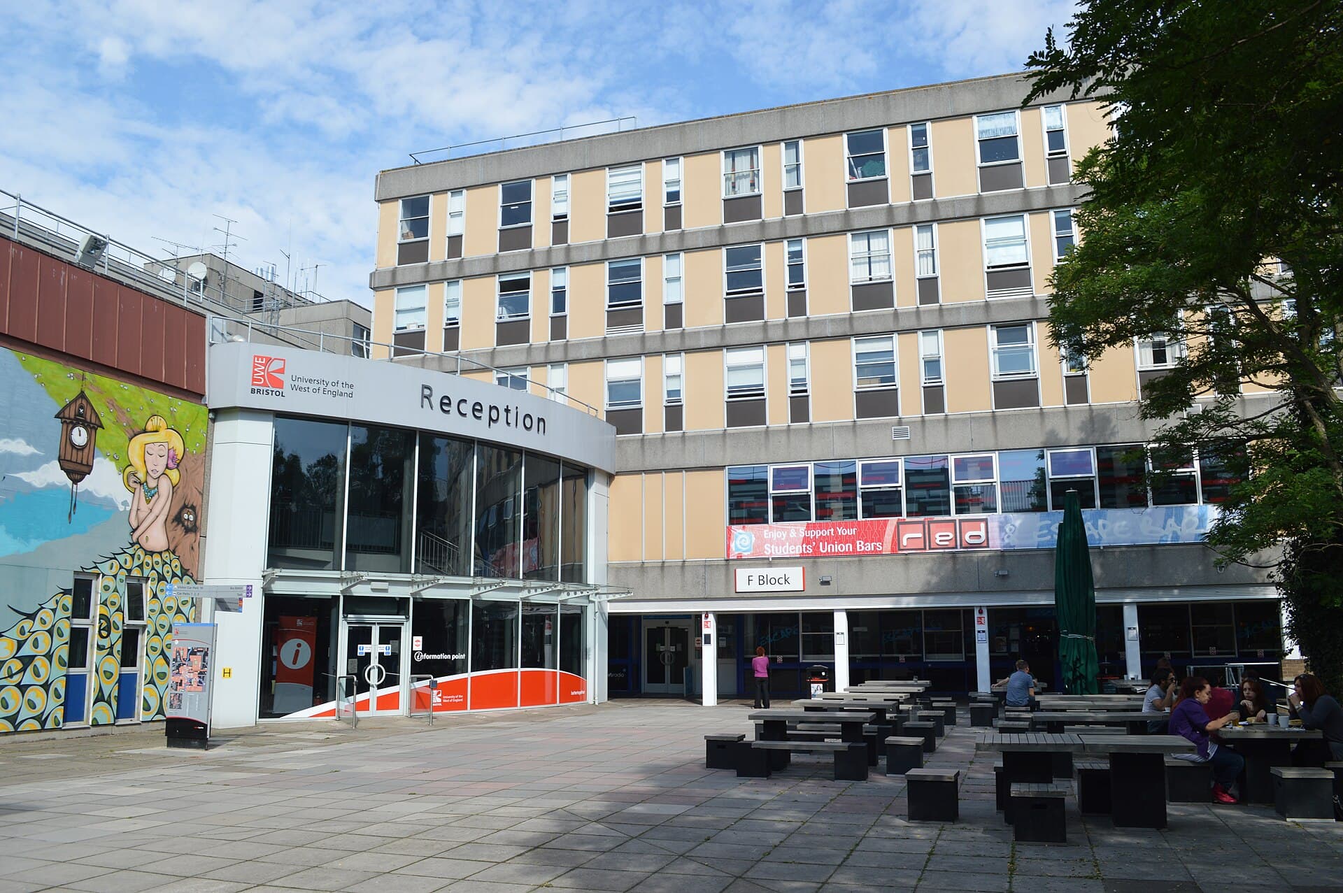 The reception building on UWE Bristol's Frenchay campus, with the seating square in front of it